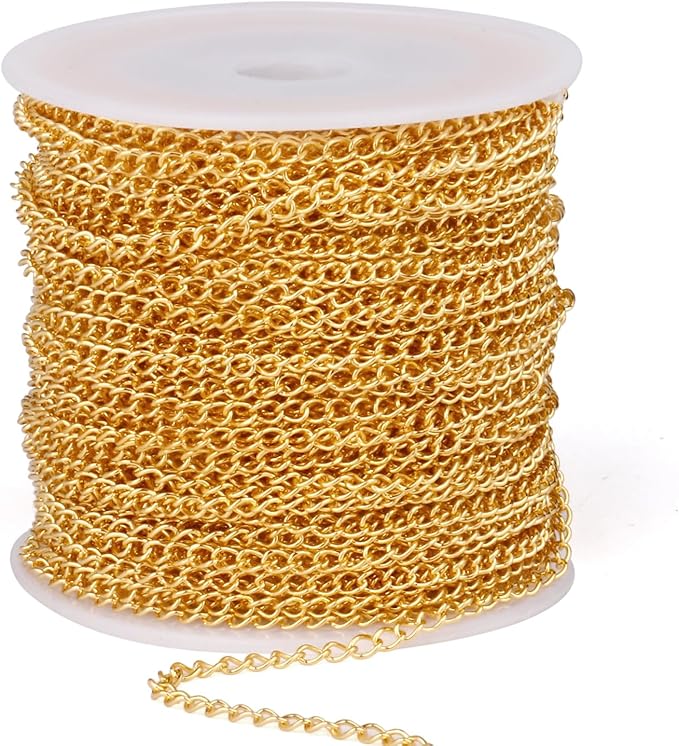 [66 Feet/ 20M] 18K Gold Plated Stainless Steel Curb Chains, 2.5mm 304 Stainless Steel Flat Twisted Links Curb Chains Spool Bulk for Jewelry Making
