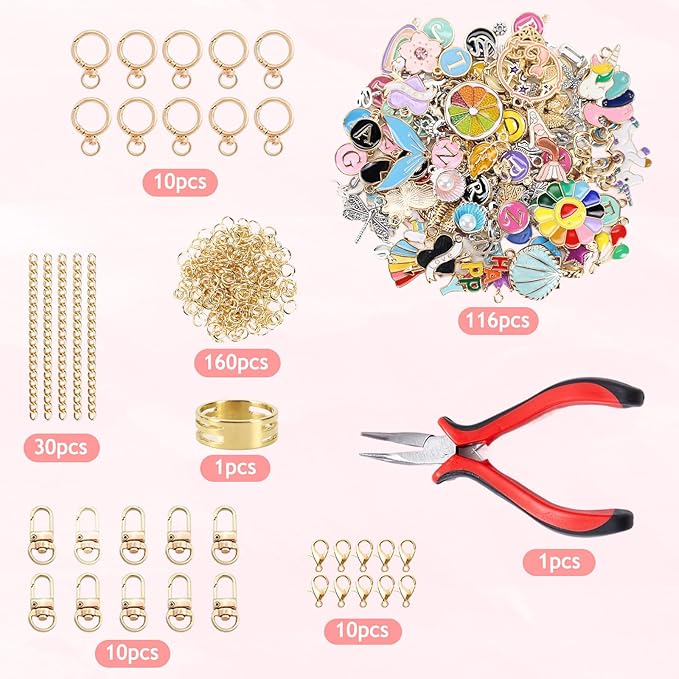 Bruzdi 338Pcs Keychain Making Kit with 116 Charms, Pliers, Jump Ring Opener, Chains, Jump Rings, Snap Hook & Lobster Clasps – DIY Keychain Supplies Bag Charm Kit for Crafts, Purse Charms & Gifts