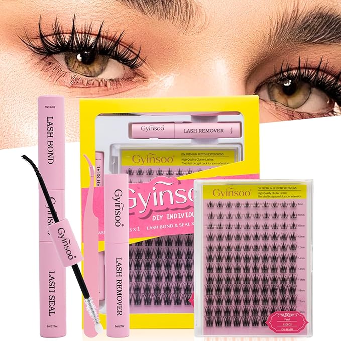 Gyinsoo 120Pcs DIY Lash Extension Kit D Curl 8-18mm Mix "Feral" Style Anime Manga Lashes with Pink Bond and Seal, Remover & Tweezers - Spiky Wispy Individual Lashes