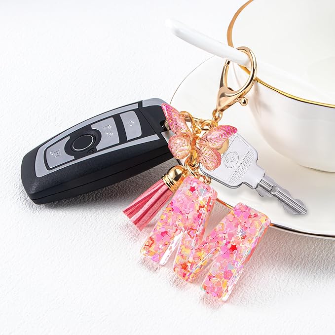 Initial letter Keychains for Women Girls Tassel Butterfly Cute Keychain for Wallet Backpack charm