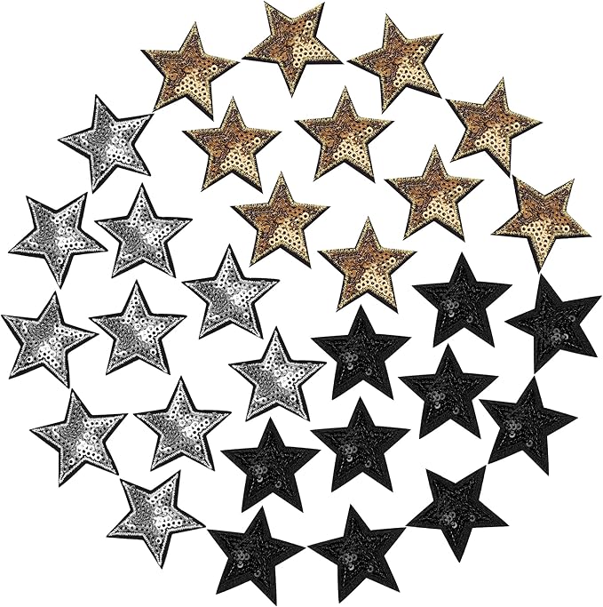 30Pcs Sequin Star Iron on Patches Glitter Stars Patches Gold Black Silver Iron on Stars for Hats Clothes Backpacks Costume