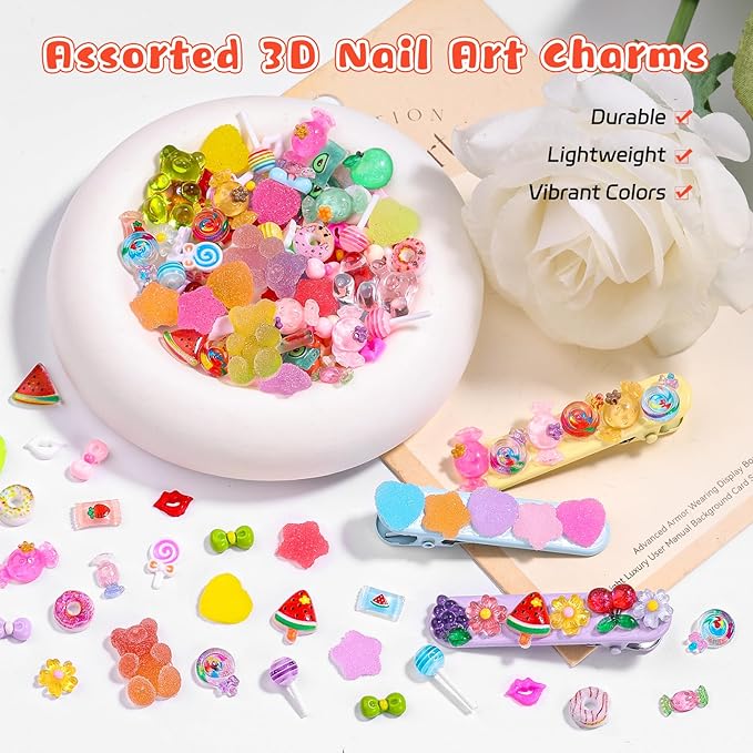 200PCS Kawaii Nail Charms Kit, 3D Lip Candy Gummy Bear Resin Charms for Acrylic Nails, Sweet Nail Art Supplies with Tweezers for DIY Crafts, Slime & Shoe Decor