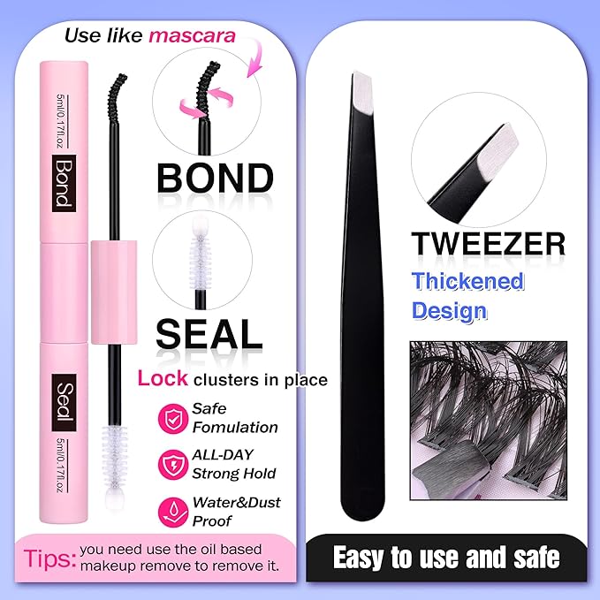 TOOCHUNAG Lash Extension Kit 12-22mm Fluff Cluster Eyelash Extension Kit 100D Thick Volume Lash Clusters Kit D Curly Wispy Cluster Lashes Individual with Lash Bond and Seal and Tweezers