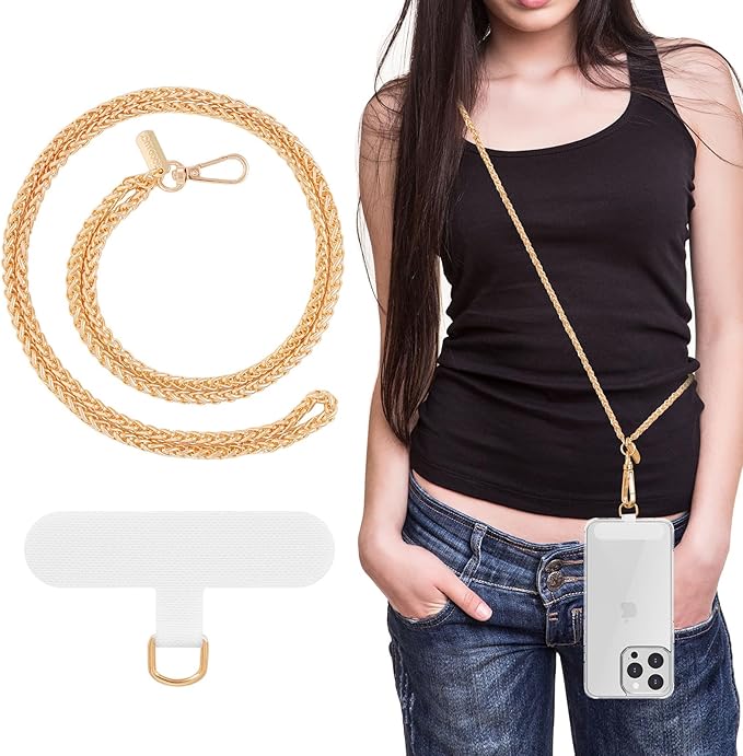 MoKo Universal Phone Lanyard, Metal Cell Phone Chain Crossbody Strap Anti-Theft Detachable Women Cellphone Lanyards Around The Neck with Patches for iPhone, Most Smartphones, Pale Gold