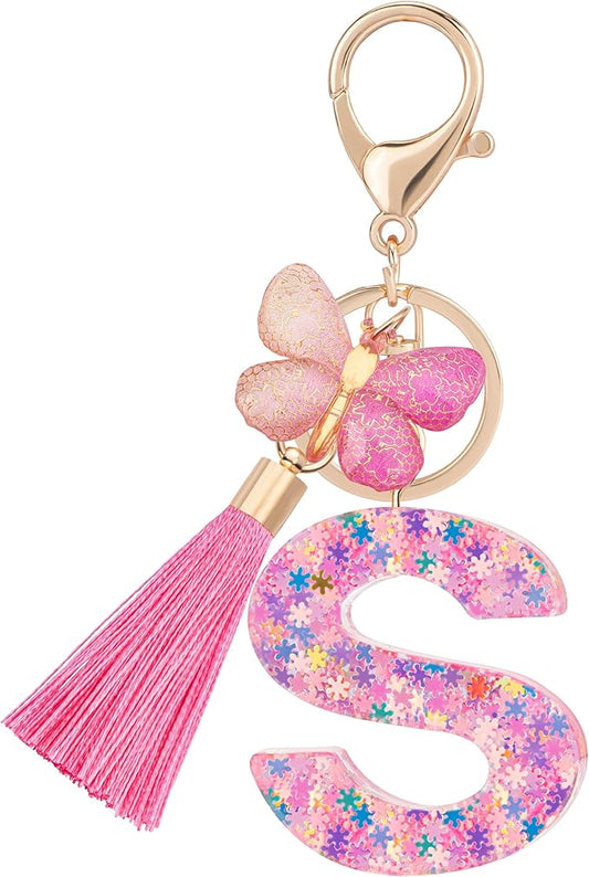 Suweibuke Cute Pink Key Chains for Women Girls, Initial Letter Keychains with Tassel, Charms for Key Purse Handbags Backpacks