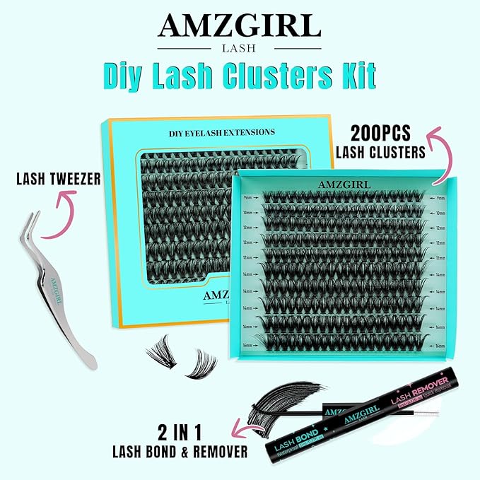 Lash Extension Kit 200PCS Lash Clusters Mix Eyelash Extension Kit with Waterproof Lash Bond and Remover,Individual Lashes with Lash Tweezers for Beginners at Home(60D,D-Mix9-16mm)