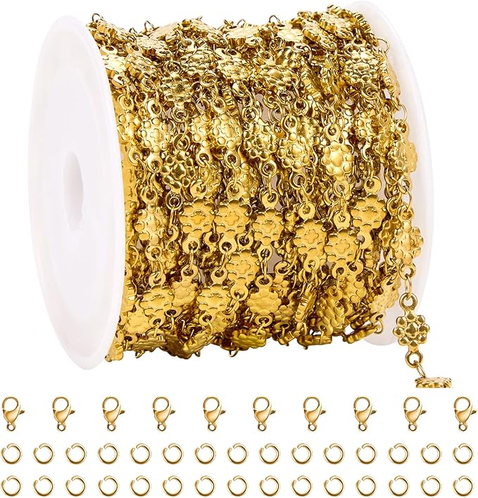 UMAOKANG 13 Feet Gold Plated Chains for Jewelry Making Stainless Steel Flower Link Chain Bulk on Spool