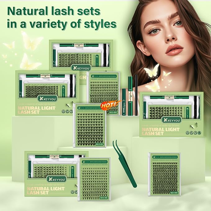 KEYYOU Natural Lash Clusters Kit 144Pcs DIY Lash Extension Kit Wispy Eyelash Extensions Kit D Curl 8-18MIX with Bond and Seal and tweezers with Thin Lash Band(KIT-N01-D-8-18MIX)