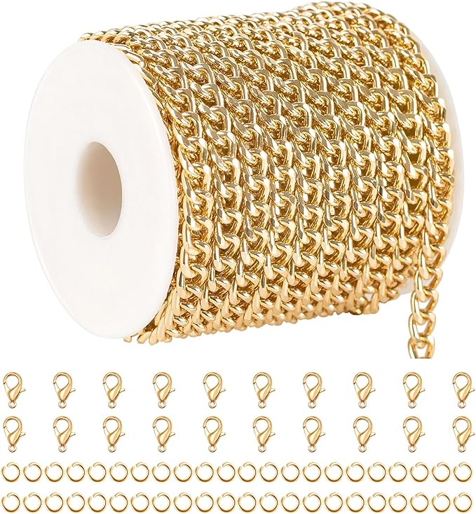 UMAOKANG 33 Feet Gold Plated Curb Chain for Jewelry Making Aluminum Necklace Chains Bulk Twisted Curb Link Chain Roll with Jump Rings and Lobster Clasps