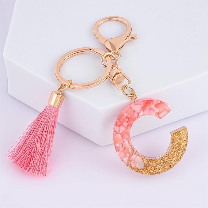 Suweibuke Cute Pink Key Chains for Women Girls, Initial Letter Keychains with Tassel, Charms for Key Purse Handbags Backpacks