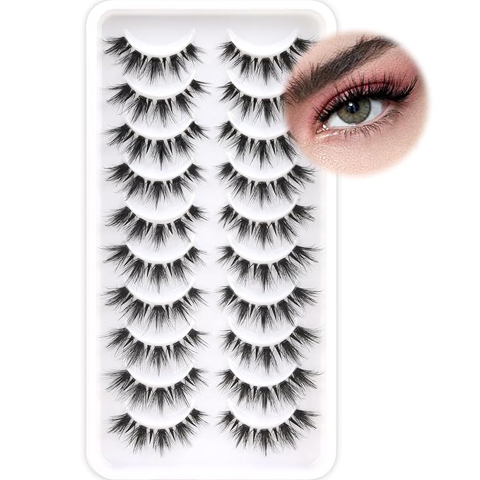 Veleasha Manga Lashes Cat Eye Lashes with Clear Band 7-16MM C Curl Spiky Anime False Eyelashes 6D Effect 10 Pairs Doll Eye Wispy Eyelashes (Spiky02)
