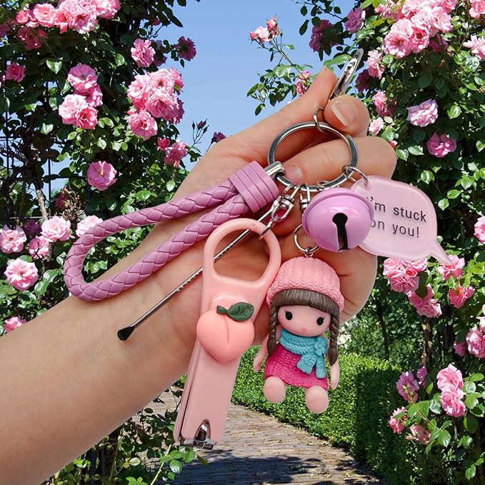 Cute Keychain with Nail Clipper Ear Pick for Women Girls Cute Key Chain Wristlet Cartoon Keychain Lanyard