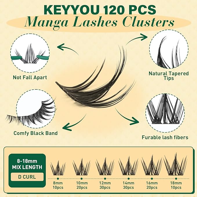 KEYYOU LASH Manga Lash Clusters 8-18mm Fairy Eyelash Clusters Natural DIY Lash Extension Wispy with Soft Thin Band(MG03)