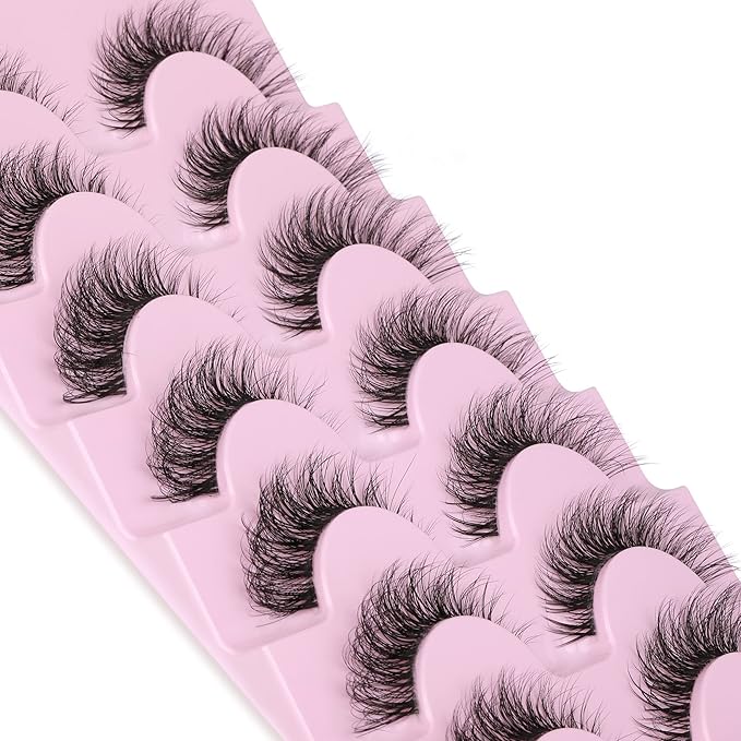JIMIRE False Eyelashes with Clear Band 3D Fluffy Lashes Demi-wispies Natural Look Cat Eye Faux Mink Fluttery Eyelashes 15MM D Curl Eye Lashes Pack 7 Pairs