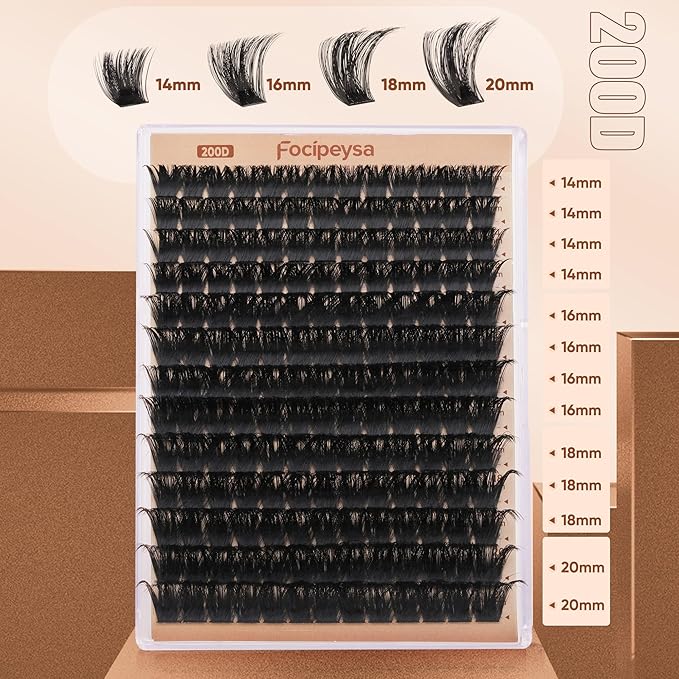 Focipeysa Eyelash Extensions 200D Lash Clusters 14-20MM Lashes Extensions Thick Lash Clusters D-Curly Individual Lashes Extensions Soft Reusable Cluster Lash Extension DIY Lash Cluster Extensions