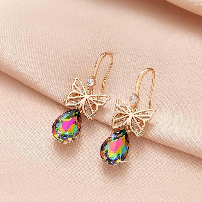 Austrian Crystal Teardrop Butterfly Drop Dangle Earrings for Women 14K Rose Gold Plated Hypoallergenic Jewelry