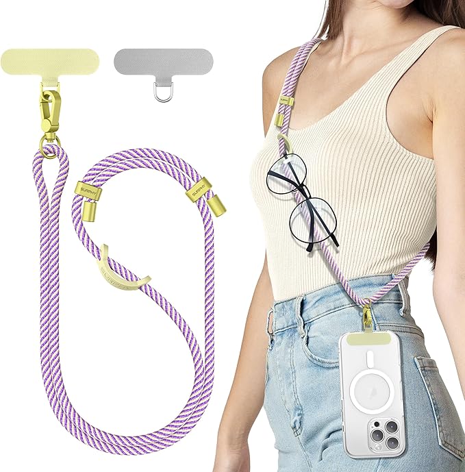 SURPHY Phone Lanyard, Adjustable Phone Strap Crossbody with 2 Pack Phone Tether Tab, Premium Metal Buckles and Two-Color Braided Cell Phone Lanyard Crossbody for Women and Men, Purple & Yellow