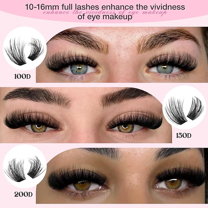 Goddvenus Fluffy Lash Clusters Kit Thick 100-150-200D Volume Eyelash Clusters Kit 10-16mm Wispy Individual Lashes Kit D Curl Cluster Eyelash Extensions 300pcs DIY Lash Extension for Beginners