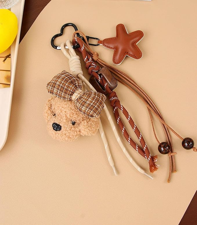 Kawaii Plush Keychain Purse Charms Cute Brown Bag Charms for Women Handbags