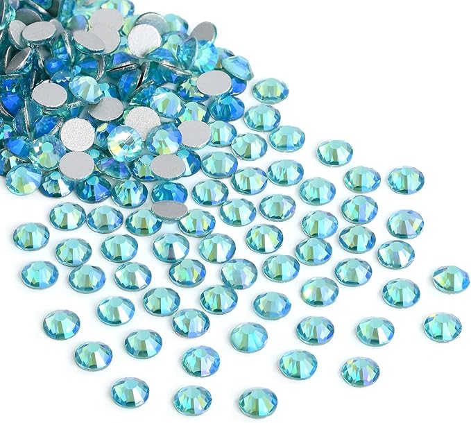 Jollin Glue Fix Crystal Flatback Rhinestones Glass Diamantes Gems for Nail Art Crafts Decorations Clothes Shoes(ss40 144pcs, Aquamarine AB)