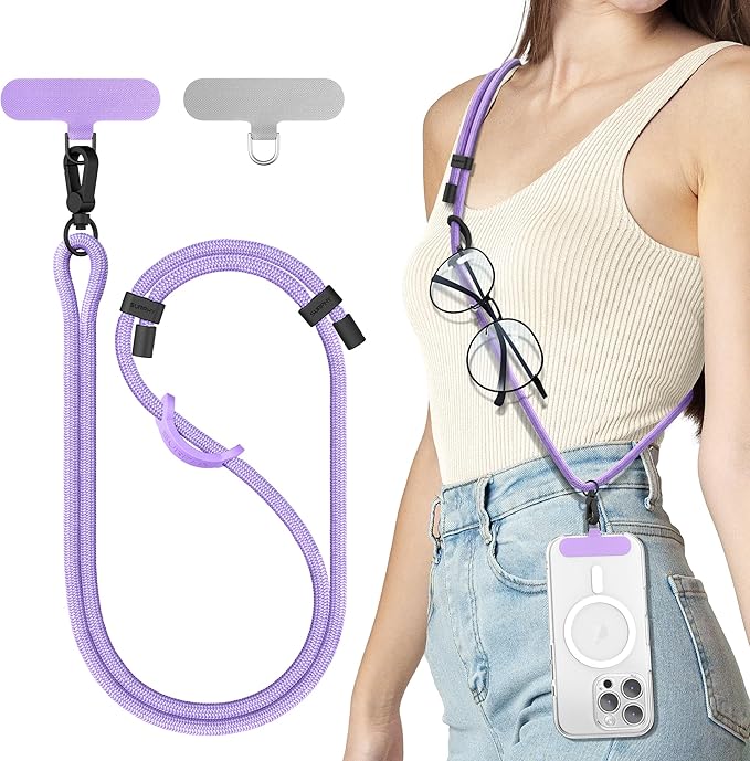 SURPHY Phone Lanyard, Adjustable Phone Strap Crossbody with 2 Pack Phone Tether Tab, Premium Metal Buckles, Skin-Friendly, Universal Cell Phone Lanyard Crossbody for Women and Men, Purple