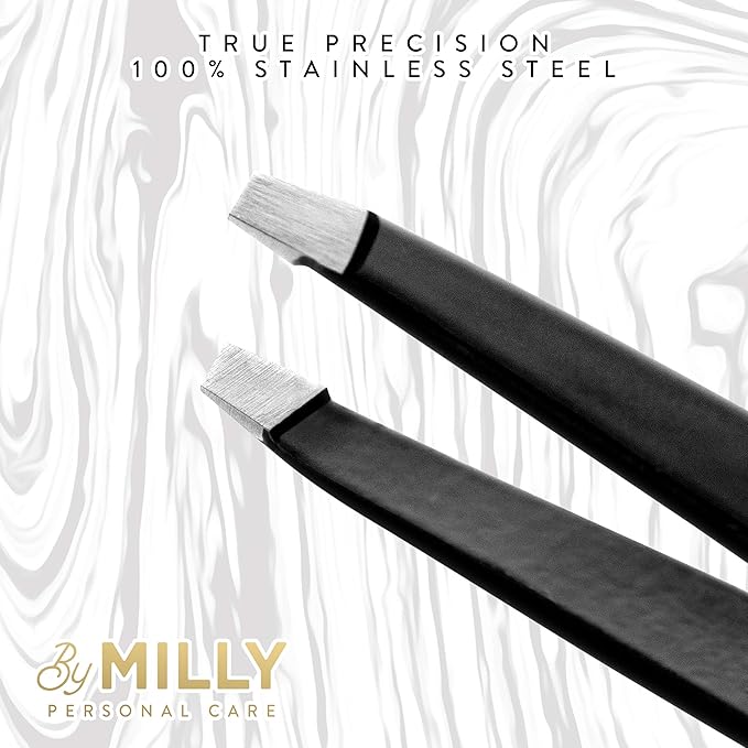 By MILLY Professional Slanted Tweezers for Women and Men | High Carbon Stainless Steel Sharp Tweezer | Tweezers for Women Facial Hair Plucking, Hand-Filed & Aligned Precision Slant Tips - Black