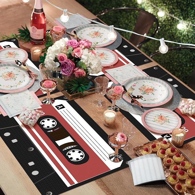 60 Pack Cassette Placemats Paper Placemats Disposable 16x 11 Inch 70s 80s 90s Cassette Hip Hop Paper Table Mats for Birthday Party Home Kitchen Table Decoration