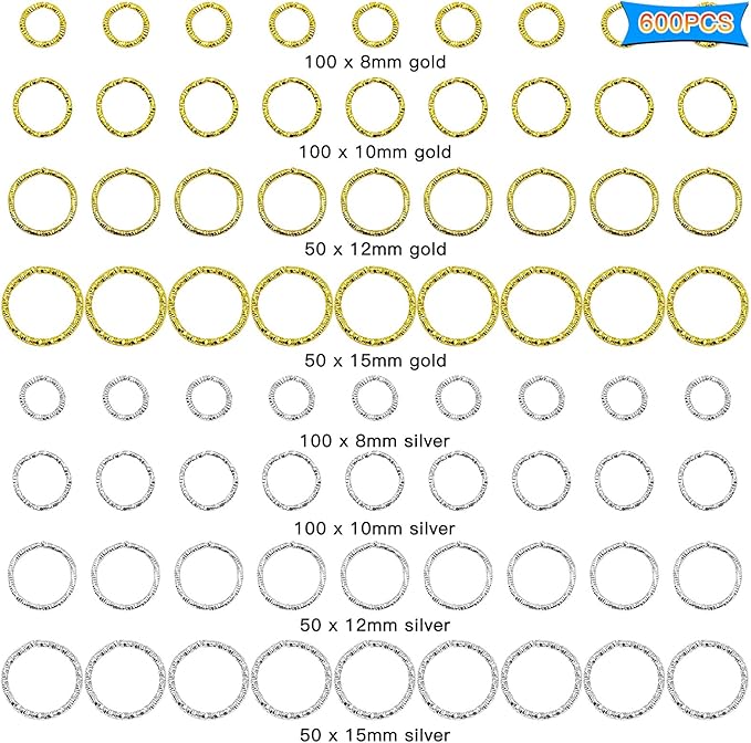 600Pcs Twisted Gold Linking Open Jump Rings, 8/10/12/15mm O Rings Connectors Jewelry Findings Circle Frames for Making DIY Earrings Bracelet Necklace Keychain Pendants Crafts(Gold/Sliver)