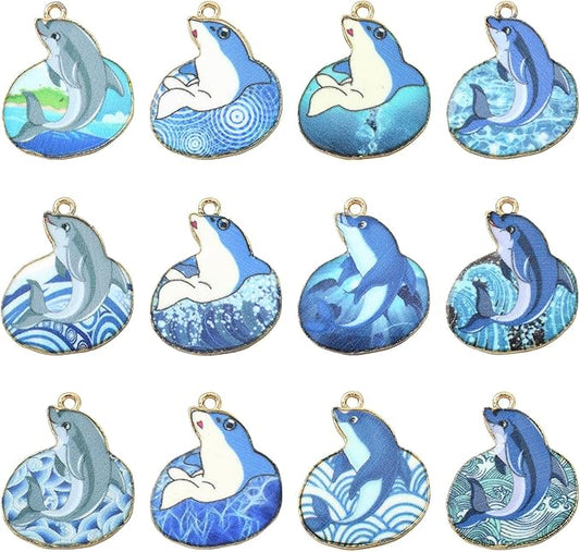 Stiesy 24 Pcs 12 Styles Blue Printed Dolphin Charms Pendants Sea Animal Enamel Alloy Metal Charms for Jewelry Crafts Necklace Bracelets Earring Making DIY Presents