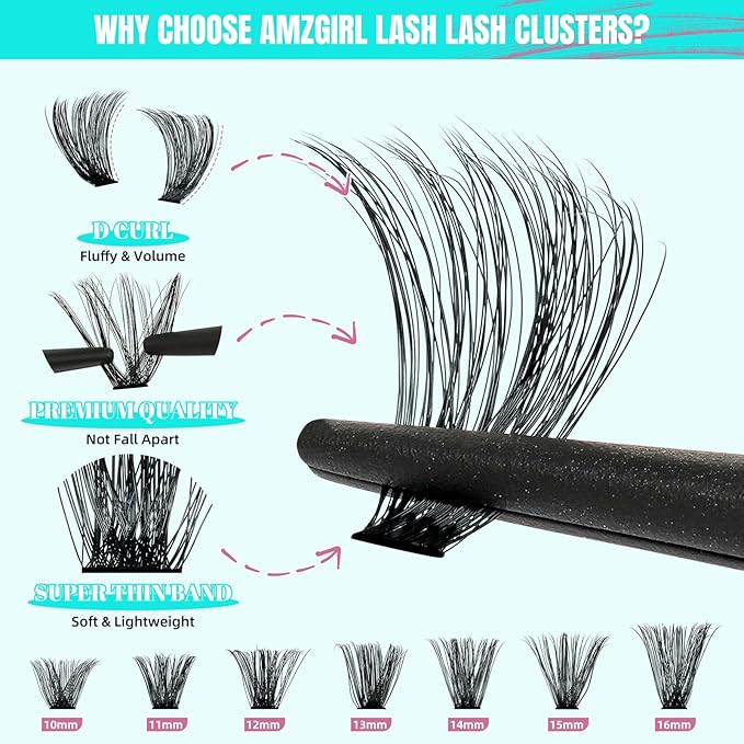 Lash Clusters Kit 320Pcs, 80D DIY Individual Eyelashes Extension With Bond, Seal, Remover, Applicator Tool for False Cluster At Home (D-Mix10-16mm)