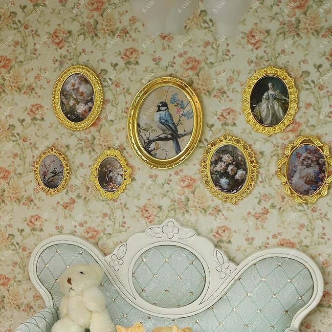 iLAND 1/12 Scale Accessories of Tiny Frames 7pcs with 14 Miniature Pictures Set for Dollhouse Miniatures Décor Also Elf Accessories Classic & Exquisite (Golden Tiny Frame Art)