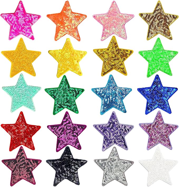 20Pcs Sequin Star Iron on Patches Glitter Stars Patches Embroidery Iron on Stars for Hats Clothes Backpacks Costume