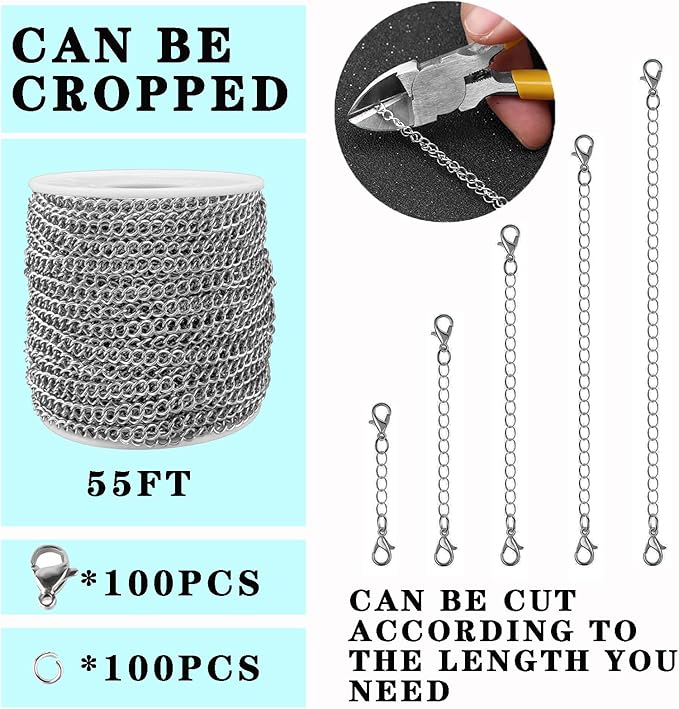 55ft Silver Stainless Steel Curb Chain for Jewelry Making,Twisted Link Chains with Spool for Dog Tag,Keychain,100 Pcs Jump Rings and Lobster Clasps DIY Craft Supplies for Necklace Chain (5x4x1.0m)