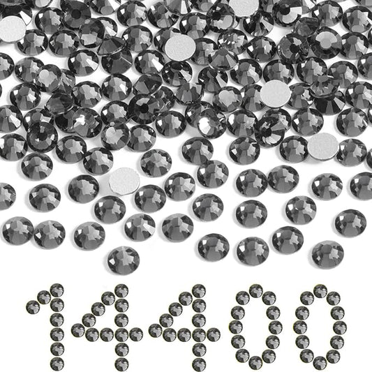 Beadsland Flatback Rhinestones Bulk,14400pcs Gray Rhinestones for Nails Crafts Clothes DIY Decoration, Black Diamond, SS12,3.0-3.2mm
