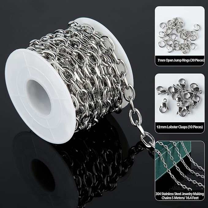 UMAOKANG 304 Stainless Steel Rolo Cable Chains Findings for Jewelry Making Men Women Necklace Bracelet DIY Supplies Silver Chain On Spool with Jump Rings Lobster Clasps