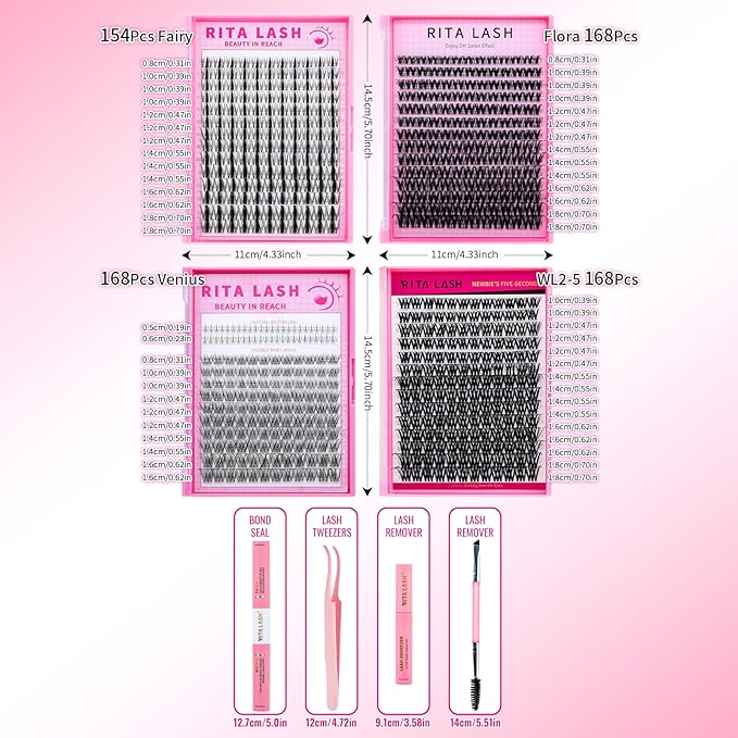 Lash Clusters Kit Eyelash Clusters Kit Fairy Cluster Eyelash Extensions Large Pack Lashes Clusters Lash Extension Kit Pestañas Postizas Naturales+Lash Bond&Seal,Remover,Tweezers,Brush(Lash Kit-8)