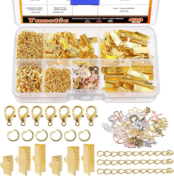 Tanstic 430Pcs Gold Ribbon Ends Fastener Clasps Kit, Bookmark Pinch Crimp Ends with Open Jump Rings, Lobster Claw Clasps, Chain Extenders and Pendant Charms for DIY Crafts
