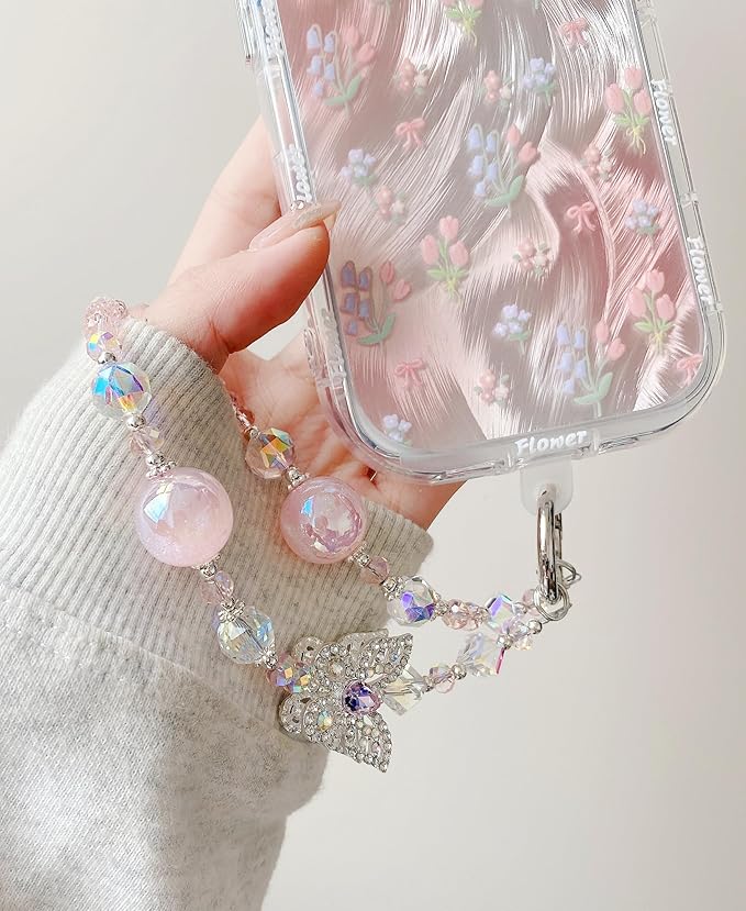 Crystal Butterfly Phone Charm, Pink Pearl Beaded Lanyard, Bling Shiny Wrist Strap Keychain for Purse Bags Car keys Earphones