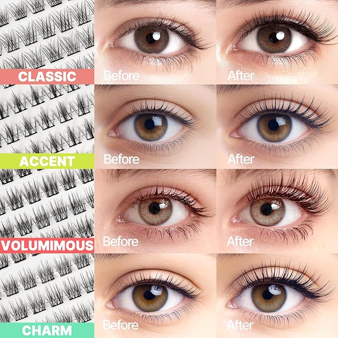 CLIONE PRIME Korean Self Adhesive Lash Clusters Voluminous Look No Glue Press On Pre Bond Lash Clusters Fluffy Self Adhesive False Eyelashes No Glue Needed Reusable Wispy Eyelash Extensions