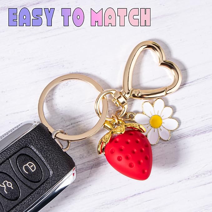 Wikavanli Cute Strawberry Keychain,Bag Charms,Kawaii Heart Flower Daisy Key chains Accessories Decor for Women Girls Purse