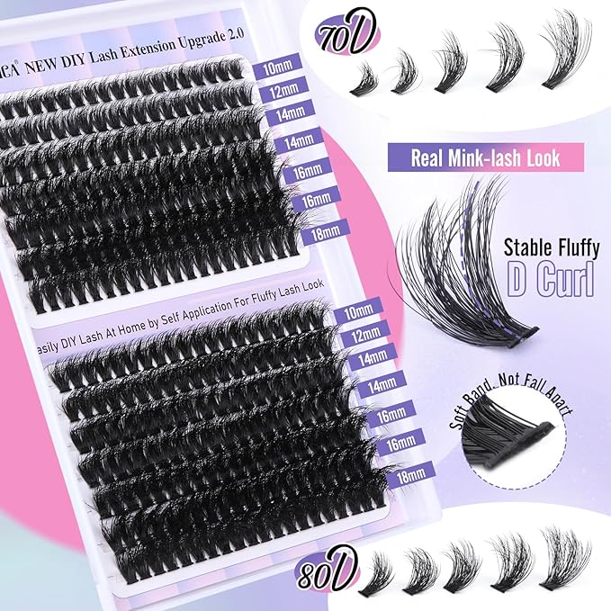 Yawamica Lash Clusters Fluffier Wispy Individual Lashes 70D+80D Volume Cluster Eyelash Extensions 10-18MIX D Curly Eyelash Clusters 280pcs DIY Lash Extension