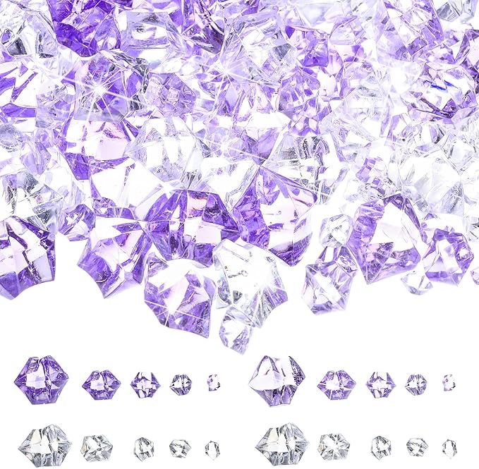 Syhood 570 Pcs 5 Sizes Purple and Clear Fake Crushed Ice Rocks Violet Acrylic Diamonds Plastic Gemstones Treasure Crystal Gems for Vase Fillers Table Scatter Centerpieces Wedding Decoration