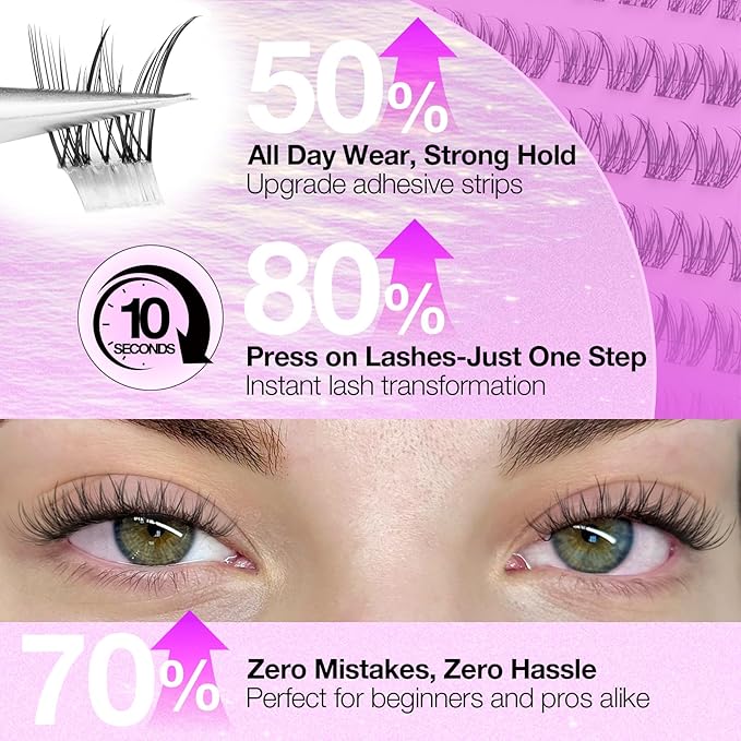 Yawamica Self Adhesive Eyelashes Natural Lash Clusters 9-12mm Pre-Glued Wispy Eyelash Clusters No Glue Press On Eyelash Extensions CC Curl Clear Band DIY Individual Lashes for Beginners