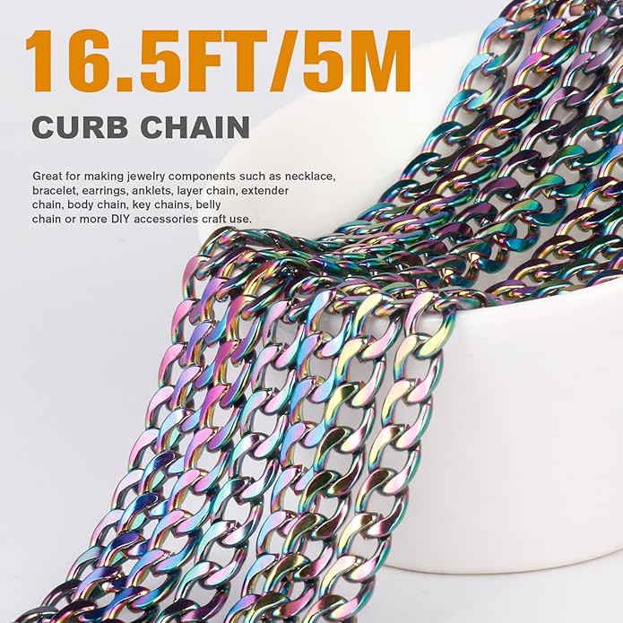 16.5 Ft Stainless Steel Curb Chains, 5mm 6mm 7mm 9mm Cuban Chain Roll Bulk for Jewelry Making
