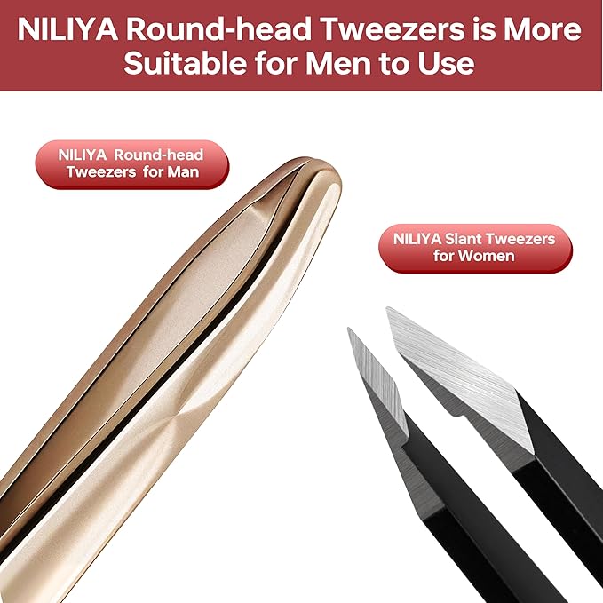 Beard Tweezers for Man, Professional Round Tip Pucker for Chin, with Leather Travel Case (Champagne gold)
