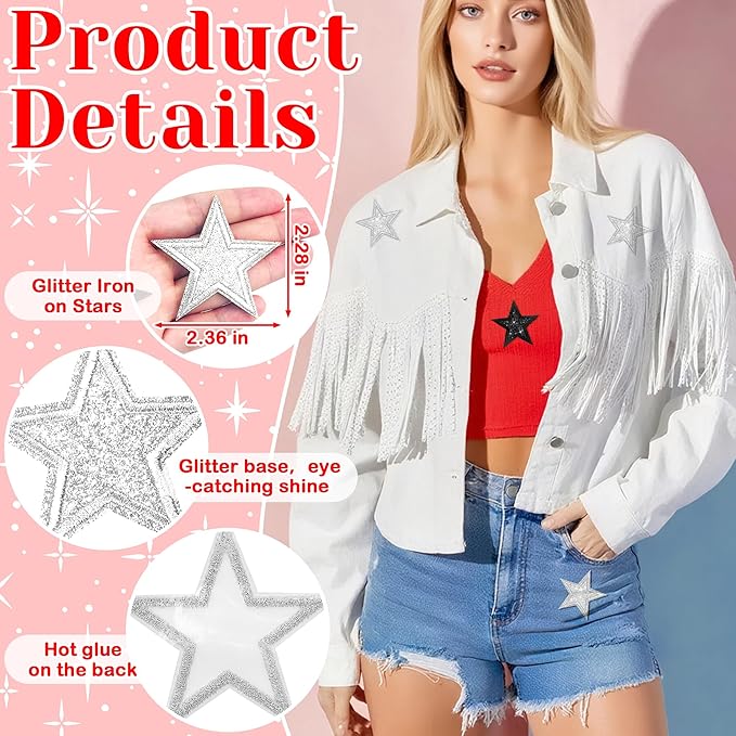 20Pcs Glitter Star Iron on Patches Silver Black Star Patches Applique for Clothing Hats Jacket Jeans Backpack
