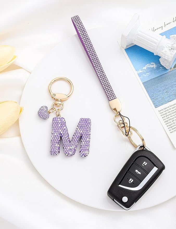 Initial Keychain for Women Girls,Bling Letter Key chain Initial with Heart,Pink Keychain Charms for Backpack Handbag