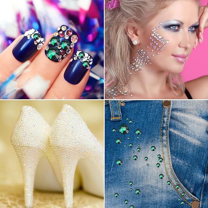 Glue Fix Crystal Flatback Rhinestones Glass Diamantes Gems for Crafting Nail Art Crafts Decorations Clothes Shoes 3.2mm (ss12 1440pcs, Dark Green)
