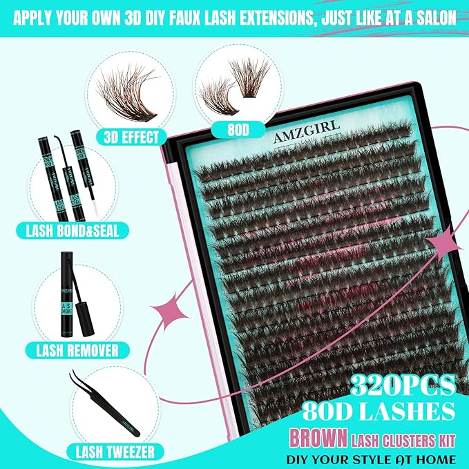Brown Lash Clusters Kit 320Pcs 80D DIY Individual Lashes Extension Kit Lash Bond and Seal Lash Remover for Eyelashes Extensions Lash Applicator Tool for False Eyelash Cluster Kit at Home(D-Mix10-16mm)