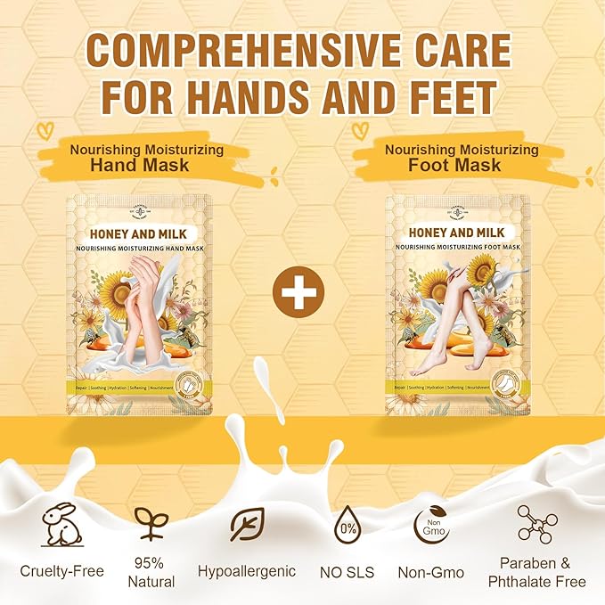 TEAWOO 18 Pairs Moisturizing Hand & Foot Masks with Honey, Milk, Vitamin E & Glycerin, Intensely Hydrating Foot Mask for Dry Cracked Feet, Moisturizing Socks for Cracked Heel Treatment